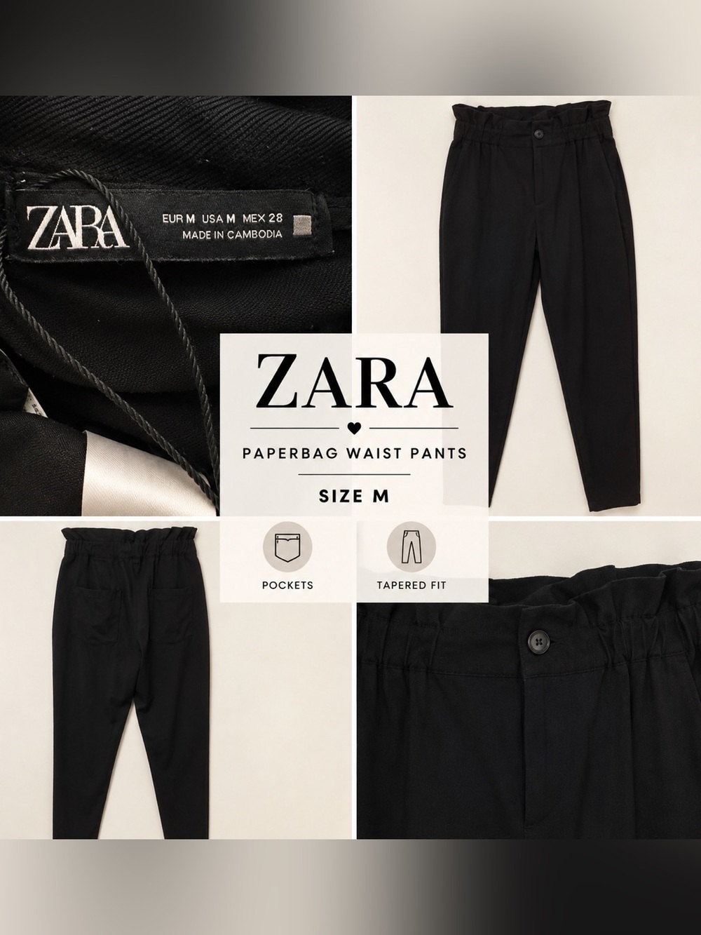 Zara Black Paperbag Waist Tapered Pants
